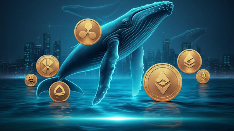 Graphic illustration of a whale swimming alongside Ripple, Kaspa, Solana, Cardano, and Plutochain coins, symbolizing major altcoin investments in 2025.