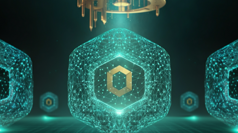 Quantum computing visual overlay with blockchain nodes representing quantum-resistant cryptography in action.